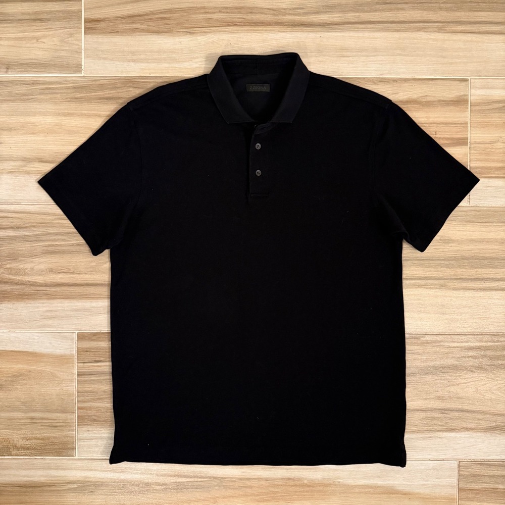 Z Zegna Mens Black Short Sleeve Pique Polo Shirt Luxury Cotton XL